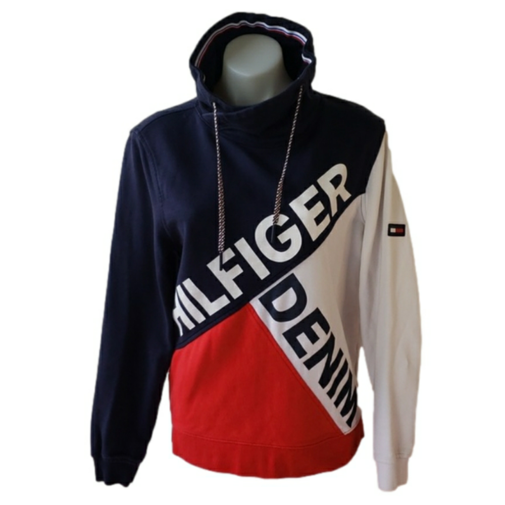 Tommy Hilfiger navy red white funnel neck string hoody sweatshirt